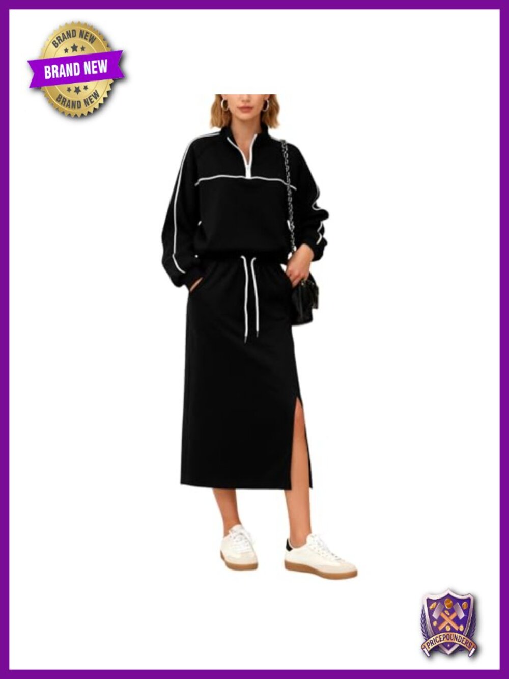 Womens Long Sleeve Half-Zip Polo Sweatshirt Midi Skirt Set with Pockets